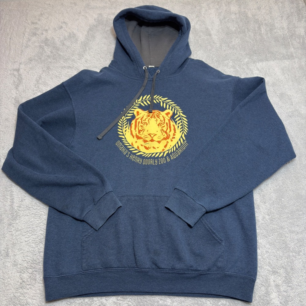 Fruit of the Loom Hoodie Men's Large Navy Blue Vintage 90s Omaha Zoo Tiger